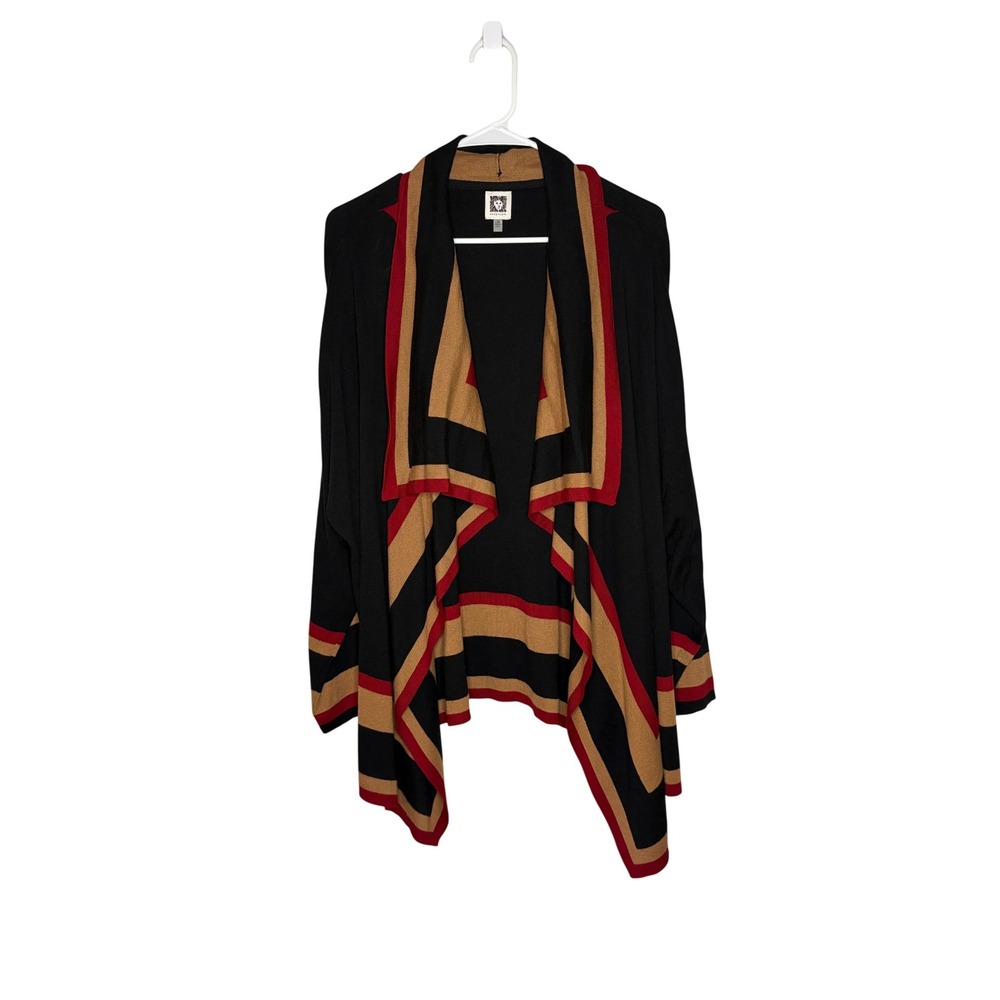 Anne Klein Open Front Draped Cardigan Colorblock Black Tan Red Office Workwear